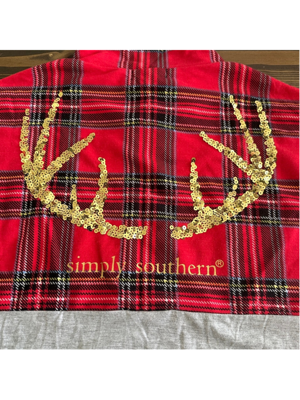 Womens Simply Southern Red Plaid Gray 1/4 Zip Thin Sweatshirt XXL Sequin Antlers - Picture 7 of 12